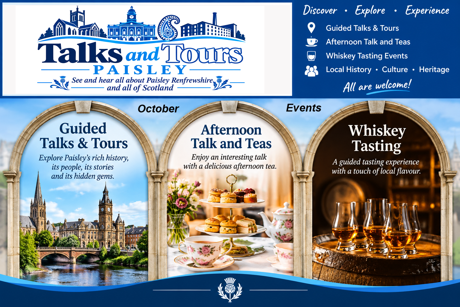 Talks and Tours Paisley. See and hear all about Paisley, Renfrewshire and all of Scotland. Discover, Explore, Experience. Guided Talks and Tours; Afternoon Talk and Teas; Whiskey Tasting Events; Local History, Culture, Heritage. All are welcome!